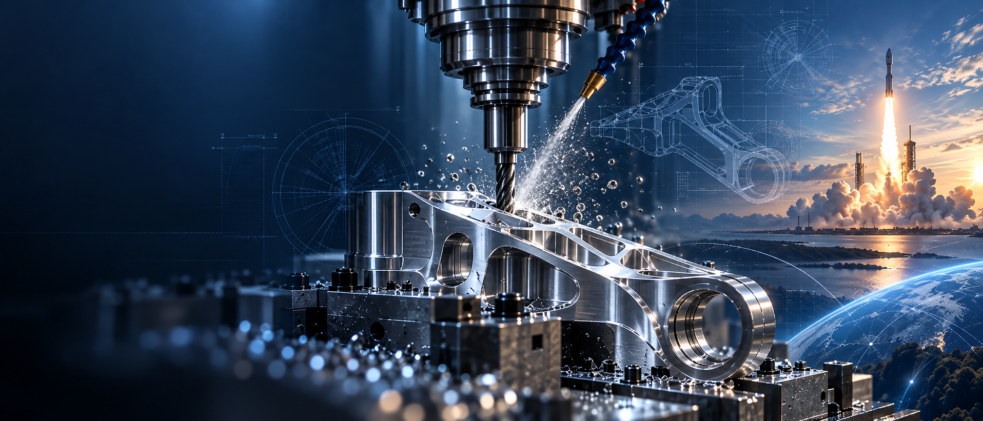 CNC precision machining, engineering blueprints, and a rocket launch